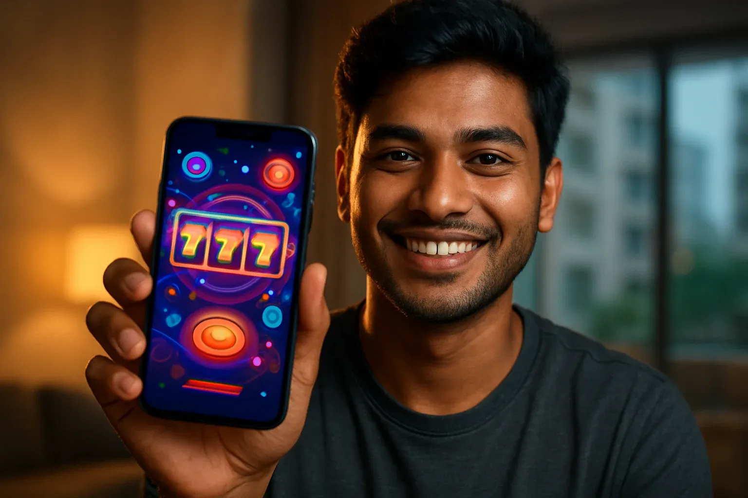 Young Bangladeshi man holding smartphone showing glowing casino app interface