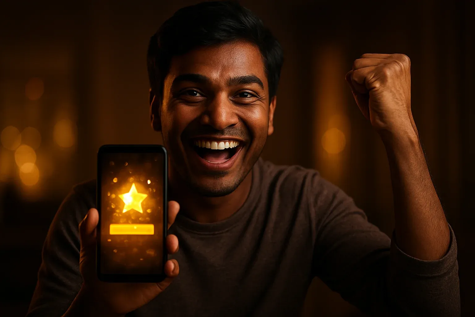 Joyful Bangladeshi man celebrating with smartphone showing glowing golden bonus notification