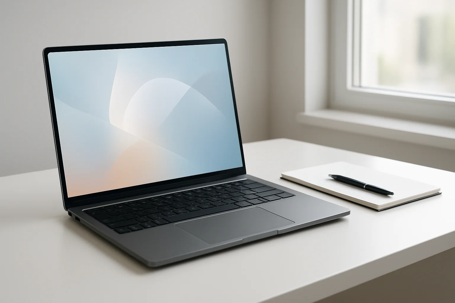 Modern laptop on white desk with abstract glowing screen in daylight