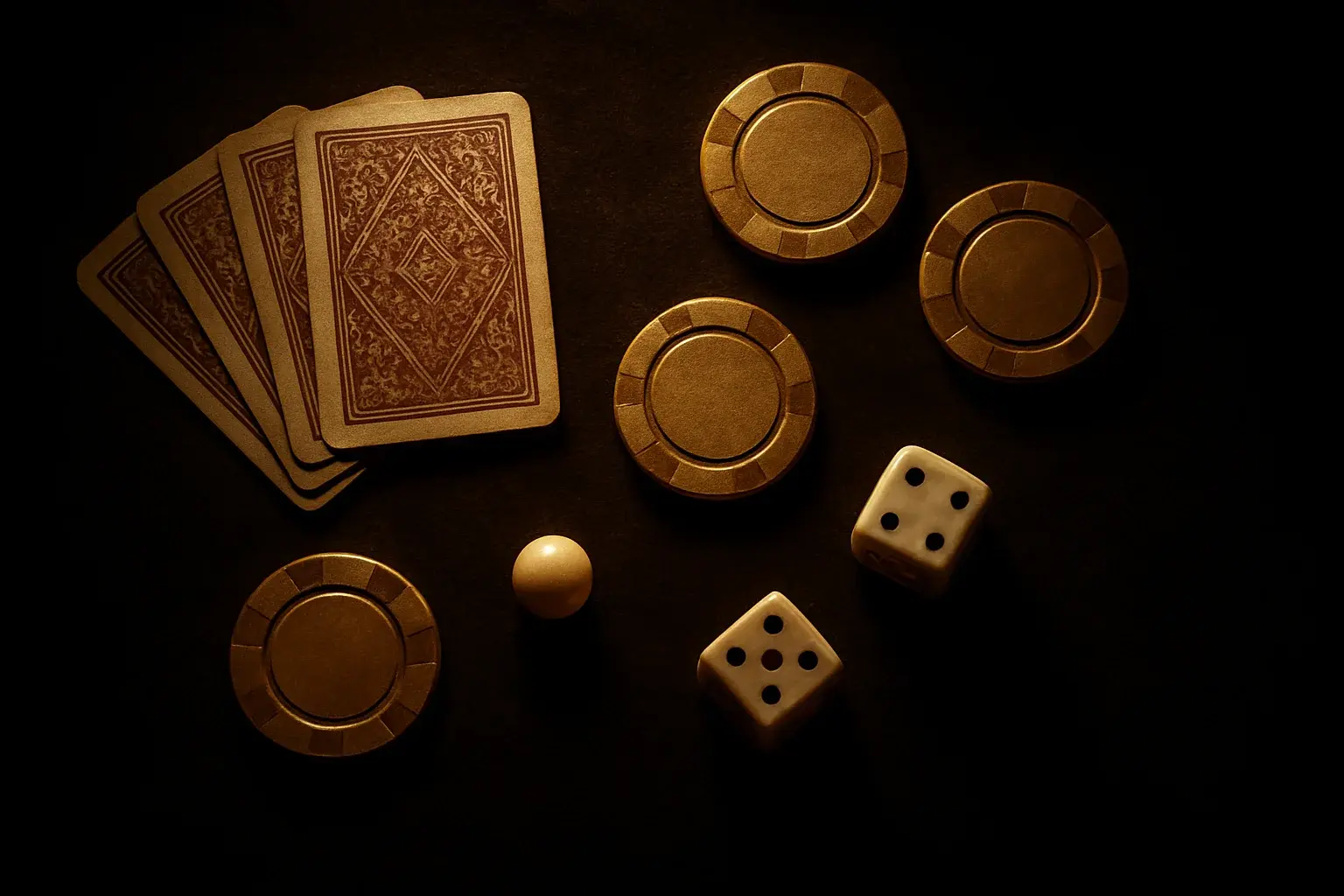 Top-down flat lay of casino chips, cards, dice, and roulette ball
