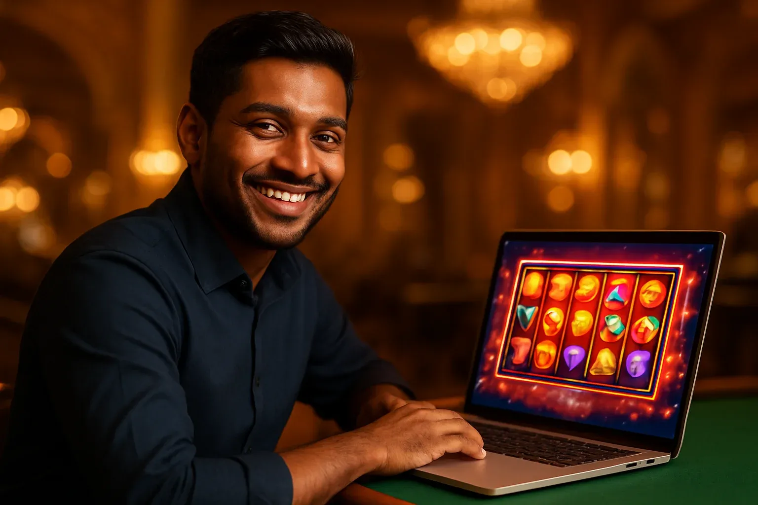 Cheerful Bangladeshi man smiling at open laptop in premium casino lounge