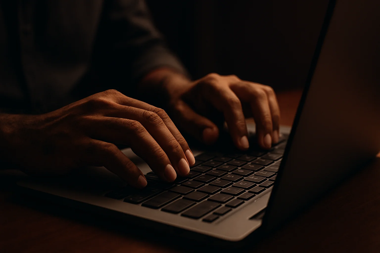 Close-up of Bangladeshi hands typing on modern laptop keyboard in dark light