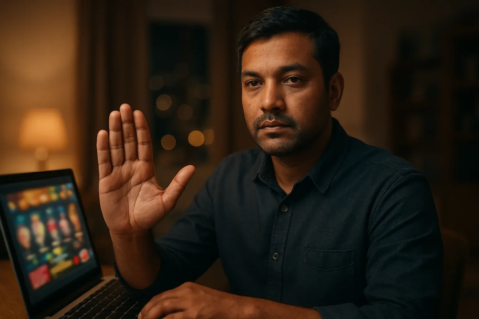 Bangladeshi man shows stop gesture by laptop with blurred online casino