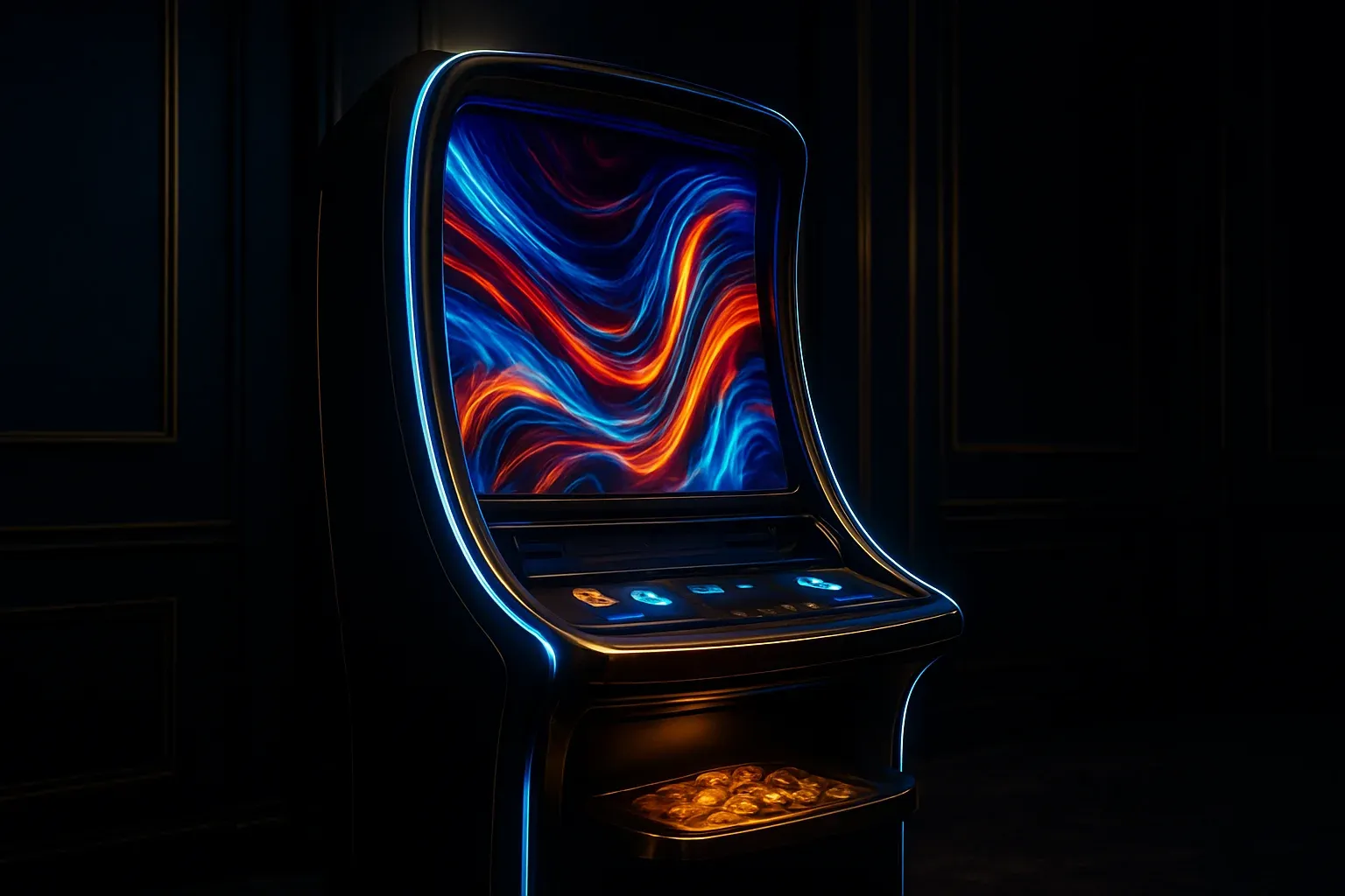 Hyperrealistic premium slot machine in dark luxury setting with neon lighting